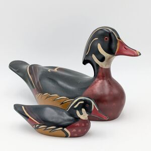 Vintage 1983 Ron Fisher Wood Duck Decoy Pair Glass Eyes Solid Carved Duckling